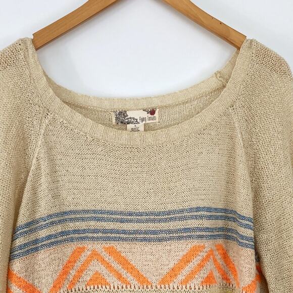 Lulus Boho Aztec Embroidered Print Lightweight Knit Sweater Beige - Picture 3 of 6